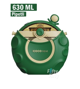 CocoSmile Özel Kutulu 630 ML Pipetli Uzay Temalı Tritan Su Matarası -Boyun Askılı- 3 Farklı Model  ffcs0006 (Yeşil)