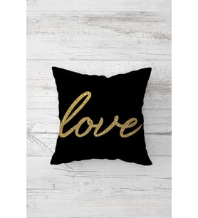 Love Yazılı Gold Çift Tarafı Baskılı Gizli Fermuarlı Yastık Kılıfı Kırlent Koltuk Yastık Kılıfı (Siyah-Gold)