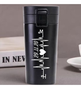 Kişiye Özel Paslanmaz Çelik 380 ml Vakumlu Kalp Ritmi Termos - Isı Yalıtımlı, Sızdırmaz Kapak (Siyah)