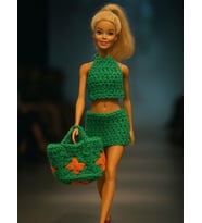 Barbie Bebek İçin El Örgüsü 3 Parça Yazlık Kombin: Üst + Etek + Çanta (Yeşil)