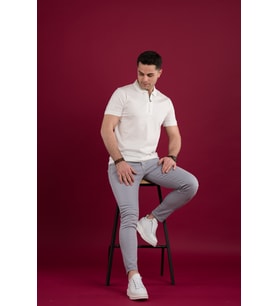 ECER REGULAR FİT POLO YAKA ARMÜRLÜ MERSERİZE KUMAŞ ERKEK T-SHİRT (Beyaz)