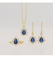 925 Ayar Gümüş Damla Safir Taşlı Gold Anturaj Gümüş Set