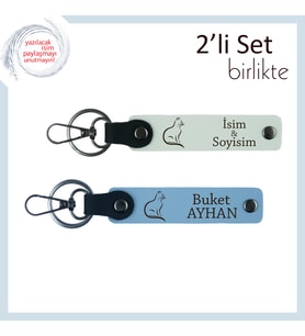 Kedi Tarzını Üzerinde Taşı, Tatlı Motifli, Kişisel Yazılı 2’li Deri Anahtarlık, Beyaz-Gök Mavi