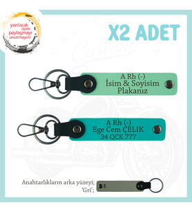 Arkadaşa Özel, İsim Plaka ve A Rh (-) Kan Grubu Yazılı x2 Hediye Anahtarlık Set, Yeşil-K Turkuaz-Gr