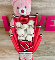 Premium 35 cm Peluş Ayı ve Kalp Balonlu Romantik Kırmızı Peluş Ayıcık Buketi (Pembe)