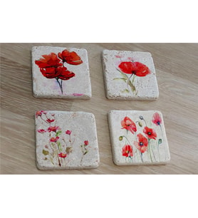 Kırmızı Şakayıklar Doğal Taş Bardak Altlığı 4'lü set - Natural Stone Coasters