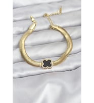 316L Çelik Gold Renk Siyah Yonca Model Zirkon Taşlı Yılan Zincirli Kadın Bileklik 5886