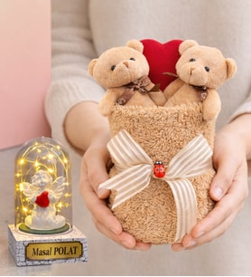 Kahve Premium Peluş Ayıcık Buketi ve Size Özel Işıklı Beyaz Melekli Fanus