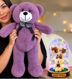 Kişiye Özel 3 Fotoğraflı Renkli LED Işıklı Fanus(peluş ayıcıklı) ve 50 cm Büyük Mor Peluş Ayıcık