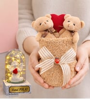 Kahve Premium Peluş Ayıcık Buketi ve Size Özel Işıklı Beyaz Melekli Fanus