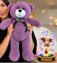 Kişiye Özel 3 Fotoğraflı Renkli LED Işıklı Fanus(peluş ayıcıklı) ve 50 cm Büyük Mor Peluş Ayıcık