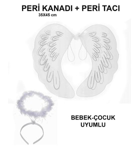 Beyaz Otrişli Dantel Tüllü Peri Kanadı ve Peri Tacı Seti 45x40 cm (5343)