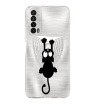 Huawei P Smart 2021  Kamera korumalı Kapak Çizgi Kedi (Beyaz) Tasarımlı Şeffaf Kılıf
