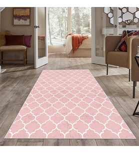 Pembe Eskitme Damla Desen Yıkanabilir Kaymaz Taban Leke Tutmaz Modern Salon Halısı ve Yolluk (Beyaz)