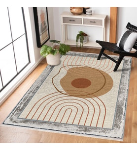 Taba Krem Geometrik Desenli Dijital Baskı Modern Salon Halısı Kaymaz Tabanlı Polyester