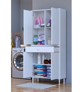Eliusta Luma Kapaklı & Çekmeceli Banyo Dolabı 85 cm Genişlikte Beyaz Dolap 85x173x32,5 cm Depolama Dolabı