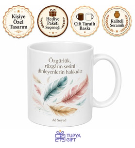 Kuş Tüyü Temalı Baskılı Kupa Bardak Özel Tasarım Hediye Porselen Mug