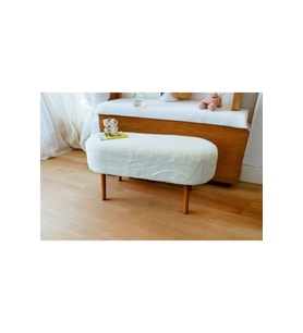 Retro Ceviz Renk Ahşap Ayaklı Geniş Oturum Alanlı Oval Bench Puf Krem