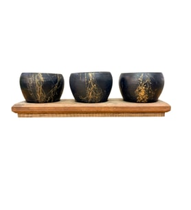 BitkiTasarımı Black Marble Premium 3'lü Saksı Seti Ahşap Standlı Dekoratif Saksılık