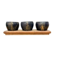 BitkiTasarımı Black Marble Premium 3'lü Saksı Seti Ahşap Standlı Dekoratif Saksılık