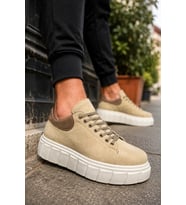 ARES Bağcıklı Süet Erkek Günlük Sneaker Yüksek Taban Ayakkabı - Krem