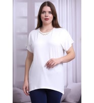 B21399901 Büyük Beden Viskon Yaka Taş Aksesuar Kısa Kol Bluz EKRU