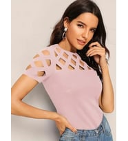 Kadın Kısa Kollu Baklava Desen Lazer Kesim Ithal Krep Bluz (Pembe)
