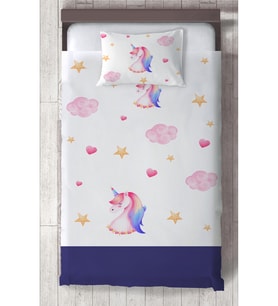 MEKTA HOME BEBEK VE ÇOCUK ODASI Unicorn ve Seksek Desenli Lacivert Yatak Örtüsü