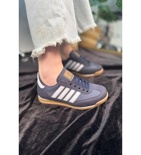 Unisex Ortopedik Spor Ayakkabı Şeritli Bağcıklı Alçak Düz Kaymaz Taban Hafif Yürüyüş Sneaker 1595 (Lacivert-Beyaz)