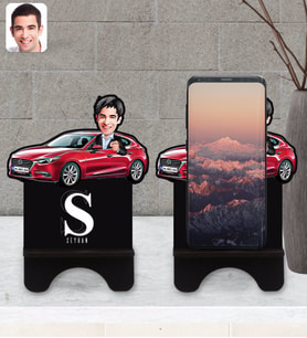 BK Gift Kişiye Özel Plakalı Erkek Mazda 3 Karikatürlü Ahşap Biblo Telefon Standı-1