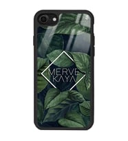 iPhone 8 Uyumlu Yeşil Yapraklı Kare İsim Tasarımlı Glossy Telefon Kılıfı