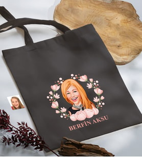 BK Gift Kişiye Özel Anneler Günü Karikatürlü Antrasit  Kumaş Bez Çanta, Baskılı Omuz Çantası, Alışveriş Çantası, Anneye Hediye-3