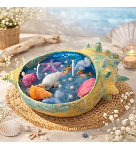 Deniz Temalı El Yapımı Dekoratif Mum  Sahil Evi, Banyo, Spa & Restoran Dekoru  Deniz Kabuklu Tasarım Mum (Mavi-Sarı)