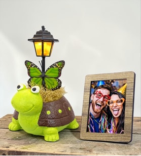 Renkli Kaplumbağa Masa Lambası Ahşap Fotoğraf Çerçeveli