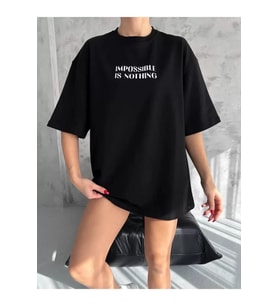 Unisex Bisiklet Yaka Baskılı Oversize T-Shirt - Siyah