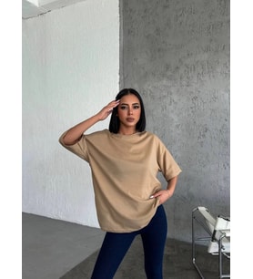 Kadın Düz T-Shirt Kısa Kol Bisiklet Yaka Oversize Rahat Kalıp Günlük Tişört - Bej