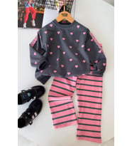 Kalp Desenli Sweatshirt Çizgili Pantolonlu Kız Çocuk 2’li Takım - Antrasit