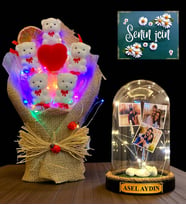 Size Özel İsimli 3 Fotoğraflı Led Işıklı Fanus ve Led Işıklı Ayıcık Buketi (Model 2)