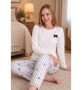 MIRANO 3101 Waffle Soft Kumaş Fiyonk Desenli Kışlık Ev Kadın Pijama Takımı