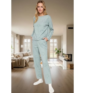Yumuşak Pamuklu Yıldızlı Pijama Takımı Regular Kalıp Uzun Ömürlü Yüksek Kalite (Mint)