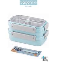 1200 ML İki Kat Üç Bölme Paslanmaz Çelik Bento Lunch Box Yeni Nesil Sefer Tası Çelik Kaşıklı -22FF15 (Turkuaz)