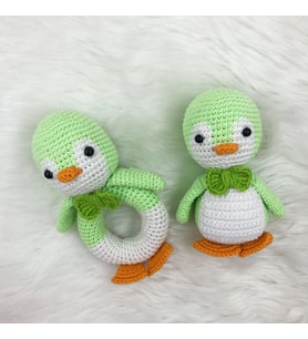 Amigurumi Penguen Çıngırak ve Oyuncak Seti (Yeşil)