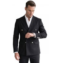 DeepSEA Erkek Lacivert Slim Fit Kruvaze Takım Elbise Likralı Çizgili Dokulu Metal Düğmeli 2600820