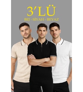 Erkek Triko Tişört Fermuar Yakalı Kısa Kol T-Shirt 3’lü Set Bej-Beyaz-Siyah