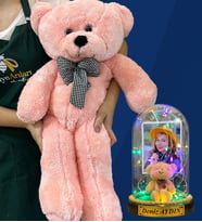 Size Özel Renkli Led Işıklı Fanus ve Büyük Boy Pembe Peluş Ayıcık Hediye Seti (Model 9)