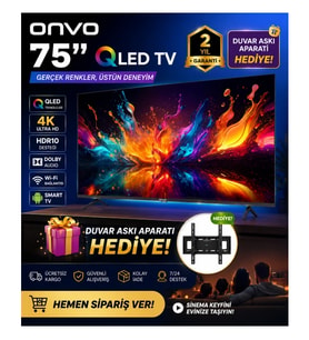Onvo 75” QLED 4K Ultra Hd Smart Google Tv HDR10 Dolby Audio Wi-Fi Duvar Askı Aparatı Hediyeli