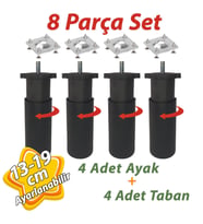 4 Adet Destek Ayağı 13-19 cm Siyah ve 4 Adet Metal Düz Ayak Tabanı M8 Civatalı İnce Diş Mobilya Kanepe Baza Koltuk Seti