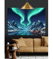 Kuzey Işıkları (Aurora Borealis) ve Dağlar Dekoratif Kanvas - Mdf Ahşap Tablo