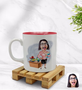 BK Gift Kişiye Özel Kadın Öğretmen Karikatürlü İçi Kırmızı Renkli Kupa Bardak Model 5