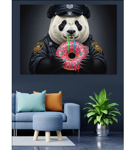 Panda Polis Pembe Donat Yiyor Dekoratif Kanvas - Mdf Ahşap Tablo